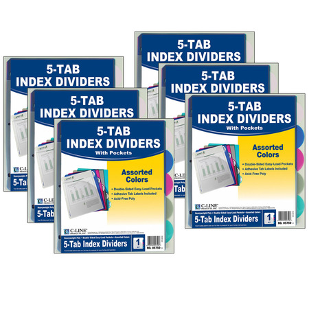 C-LINE PRODUCTS 5-Tab Poly Index Dividers w/Pocket, Assorted, 5 Per Pack, PK6 5750